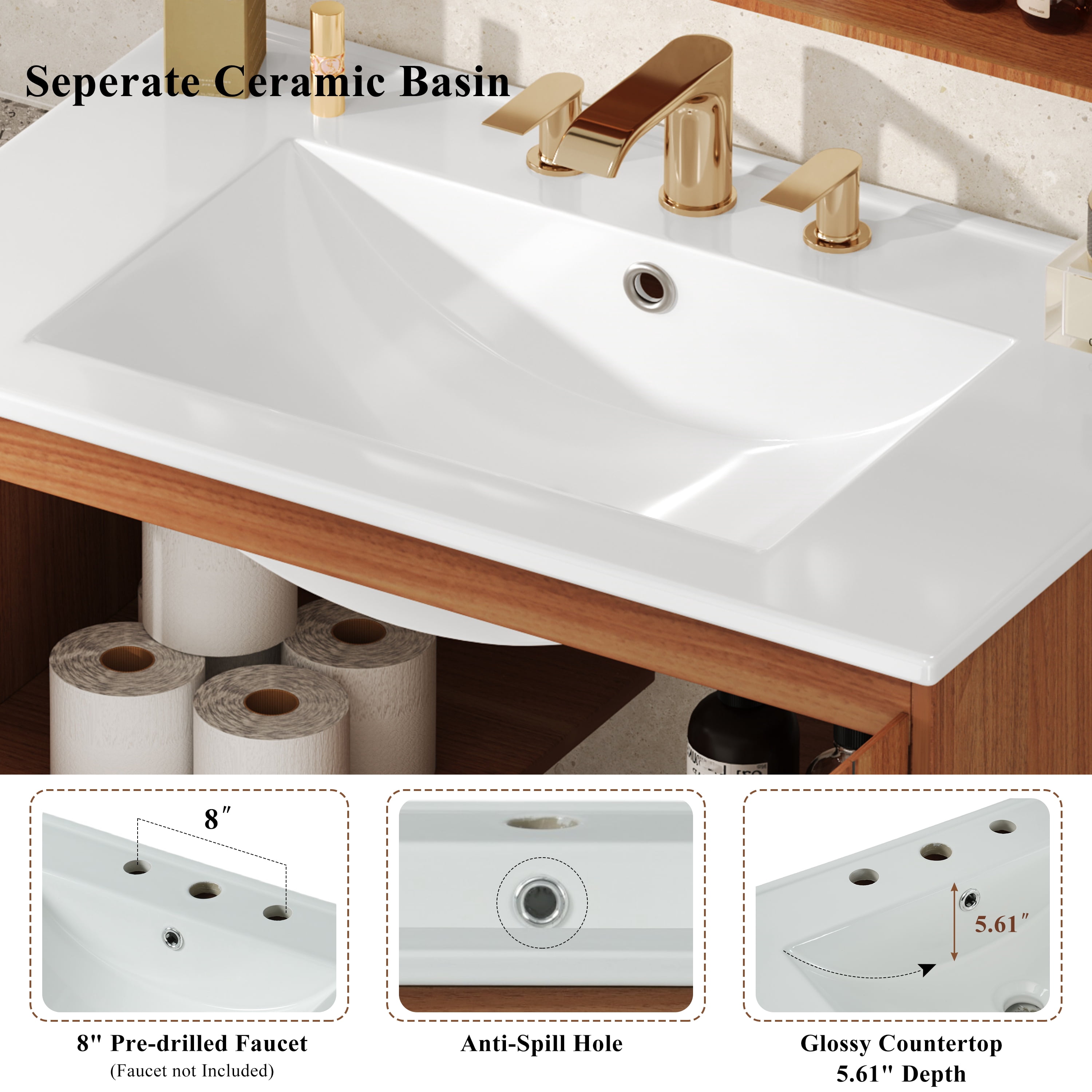 Euroco 30" Modern Bathroom Vanity with Ceramic Sink,Natural