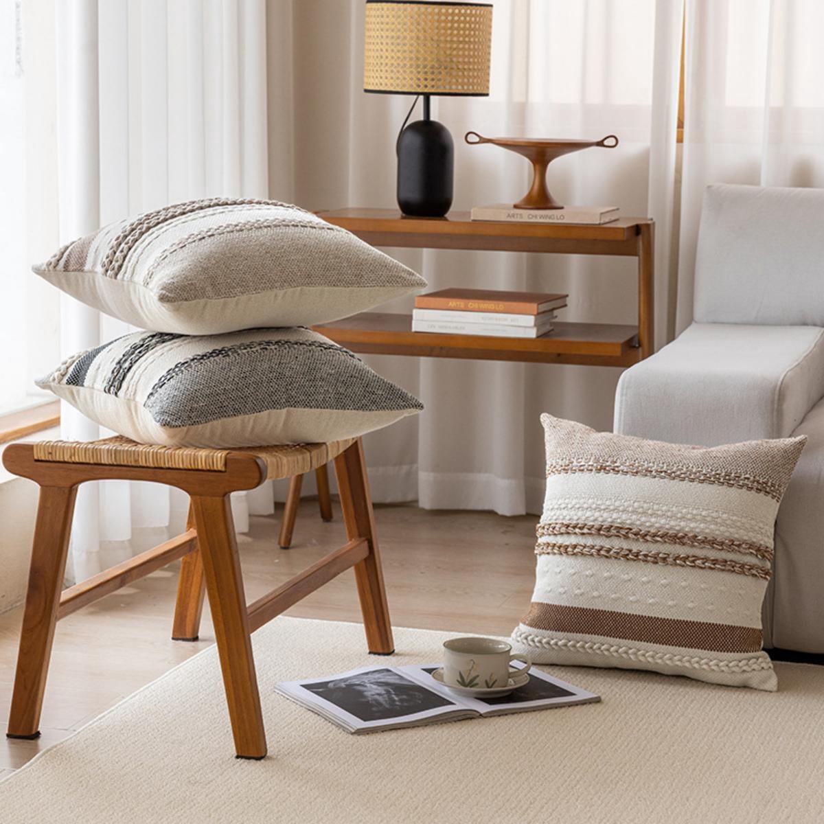 FTCBJJA Set of 2 Farmhouse Throw Pillow Covers 18x18 Striped Neutral Decorative Pillows Cushion Case for Sofa Couch Chair Bedroom Modern Decor, Gray and Off White