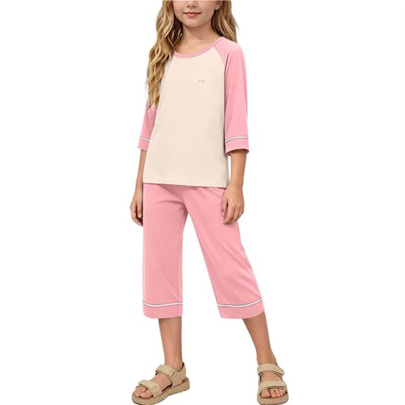 Cethrio Girls' Pajama Sets Short Sleeve, Summer Casual 2 Piece Color Block Kids' Sleepwear Pink Size 14