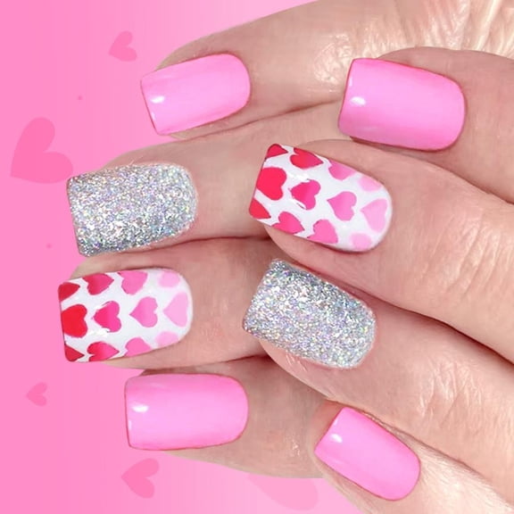 WE-POLUJ 24Pcs Romance Glitters Heart French Tip Fake Nail Pink Short Artificial Nail