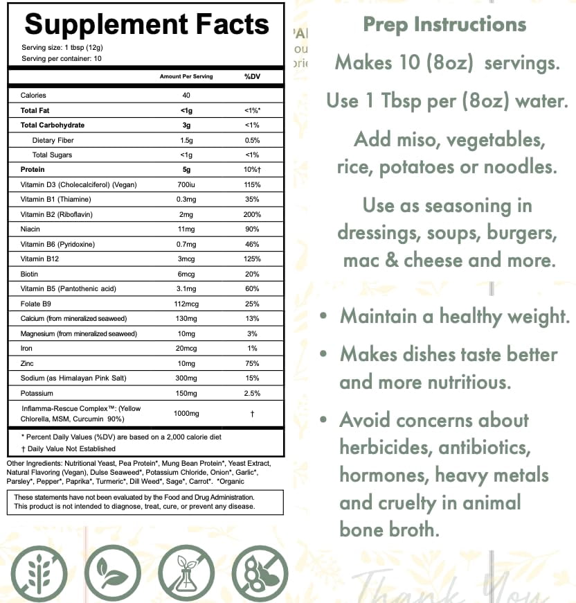 Boon Broth - Savory Plant-Based Soup Powder, High Calcium Broth with 72 Trace Minerals - Ideal for Sipping, Fasting, and The Bone Broth Diet - Vegan-Friendly 10 servings
