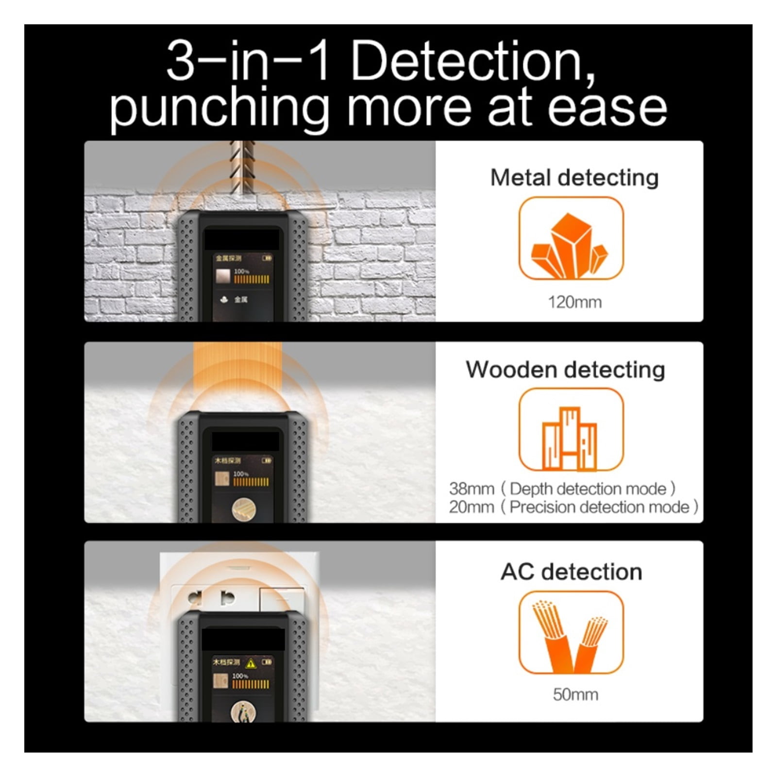 3in1 Multifunctional Detector Wall Metal Wood Cable Detector Digital Color Display USB Voice Broadcast ,Accurate and Quick