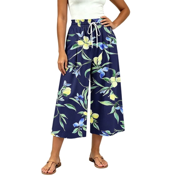 Szhihuiw Lounge Pants Women Floral Drawstring High Waisted Cropped Wide Leg Trousers with Pockets Summer Casual Pants