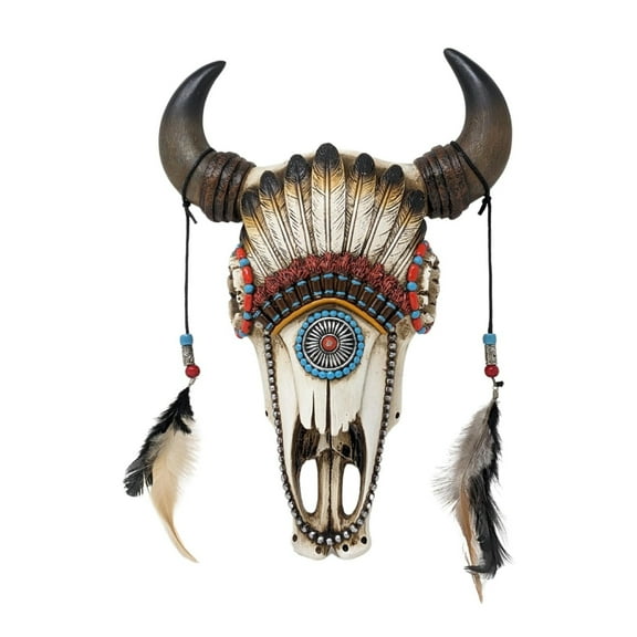 Southwest Faux Bull Skull Wall Decor with Feather Headdress – Rustic Resin Western Art for Home Cabin or Lodge Boho Style Decorative Sculpture Unique Cow Accent Piece
