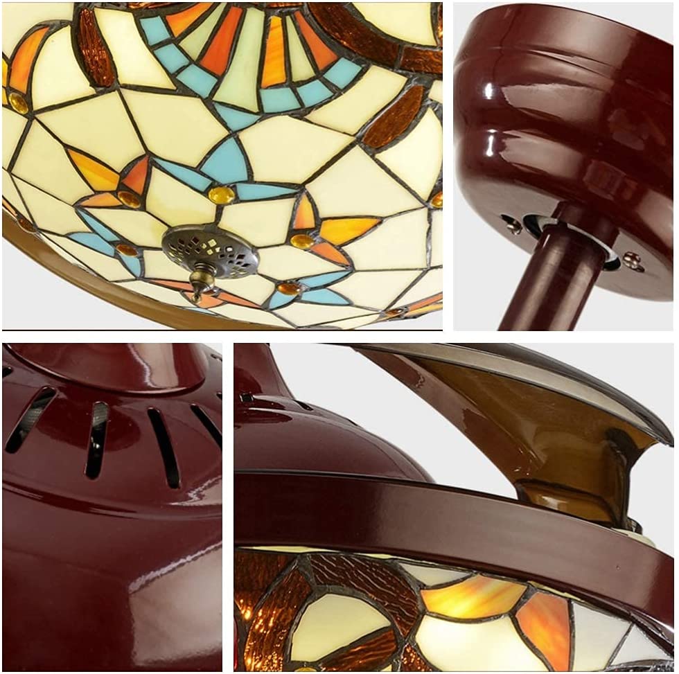 AFANQI 42” Tiffany Style Ceiling Fan with Light, Remote Control Classic LED Chandelier Retractable Blades 3 Light Changes Fandelier Lighting Fixture with Craft-Made Colorful Glass Lamp