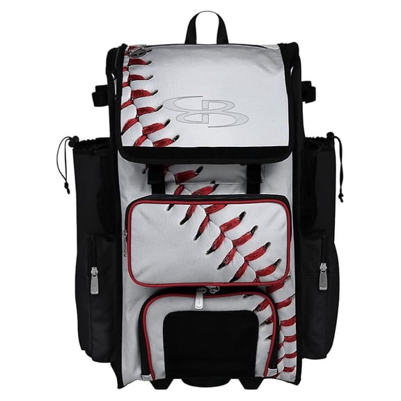 Rolling Superpack 2.0 Baseball/Softball Gear Bag - 23-1/2" x 13-1/2" x 9-1/2" - Baseball Homerun White/Black/Red - Telescopic Handle - Holds 4 Bats - Wheeled Version