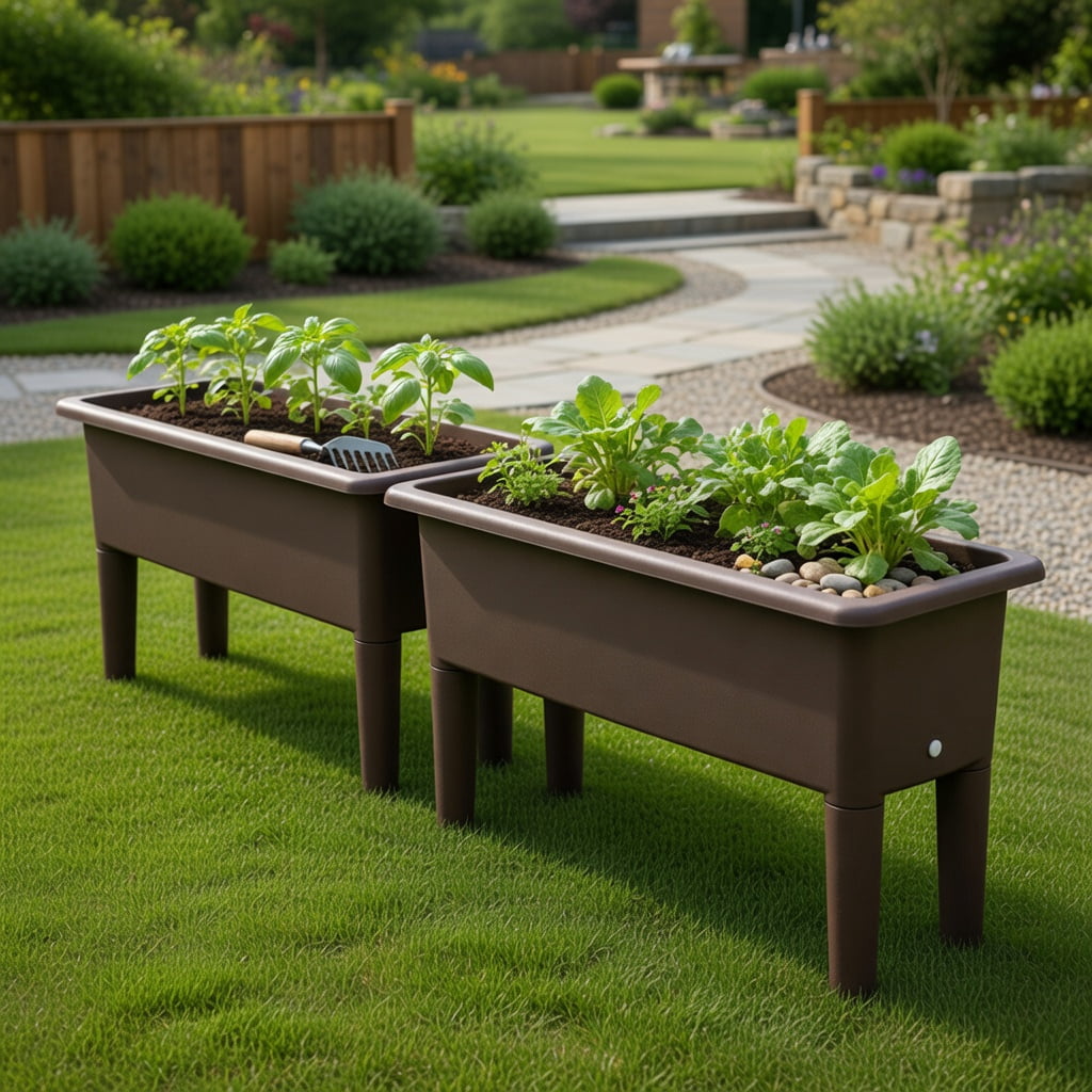 Topcobe 2 Pieces Raised Garden Beds Self-Watering Planter Box with Detachable Legs and Drainage Hole, Garden Boxes Outdoor Raised, Coffee