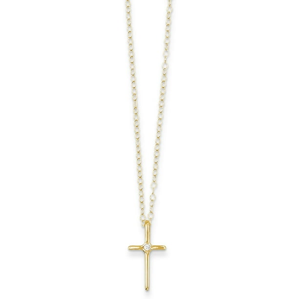 FindingKing 14K Gold .01ct Diamond Cross Childrens Necklace 15