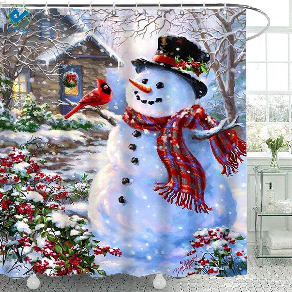 180x180cm Snowman Waterproof Fabric Bathroom Shower Curtain 12 Hook Floor Mat 