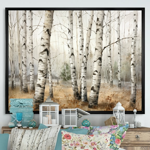 Designart "Birch Trees: Minimalist Scenery" Tree Birch Floater Framed Wall Art Living Room