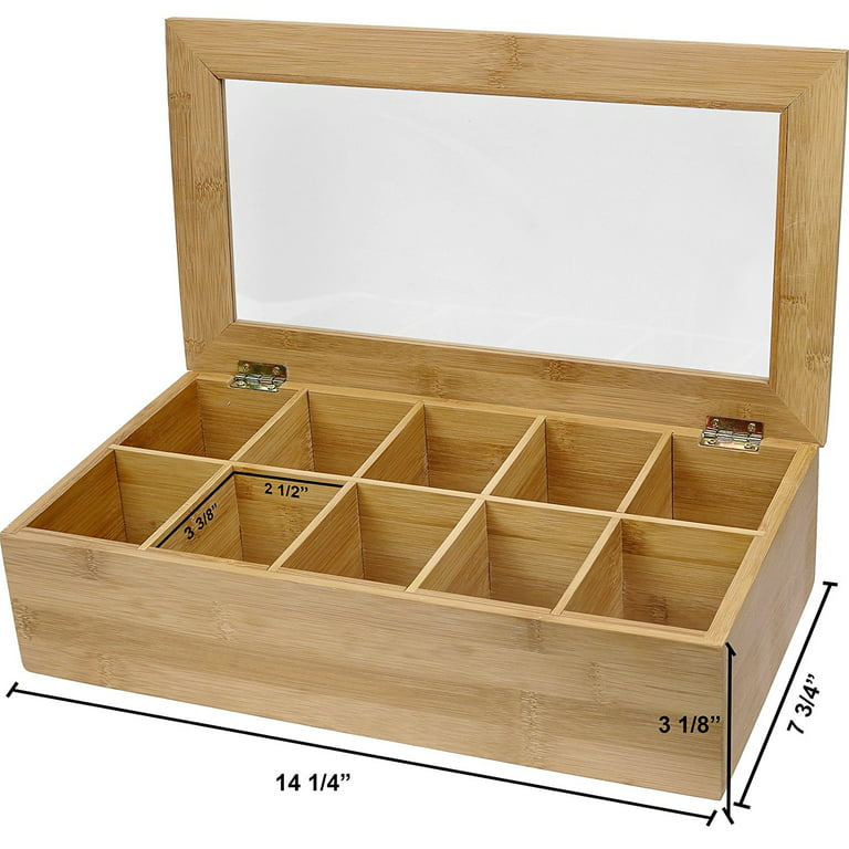DECOMIL Box for Tea Bags, Bamboo Tea Bag Organizer, Storage Box, for Cabinets or Countertop, 10-Compartment Tea Box