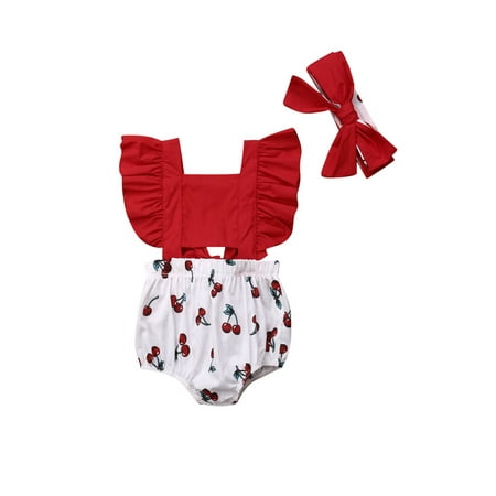 

Kuriozud Infant Baby Girls Flying Sleeveless Ruffle Romper Outfits With Headband