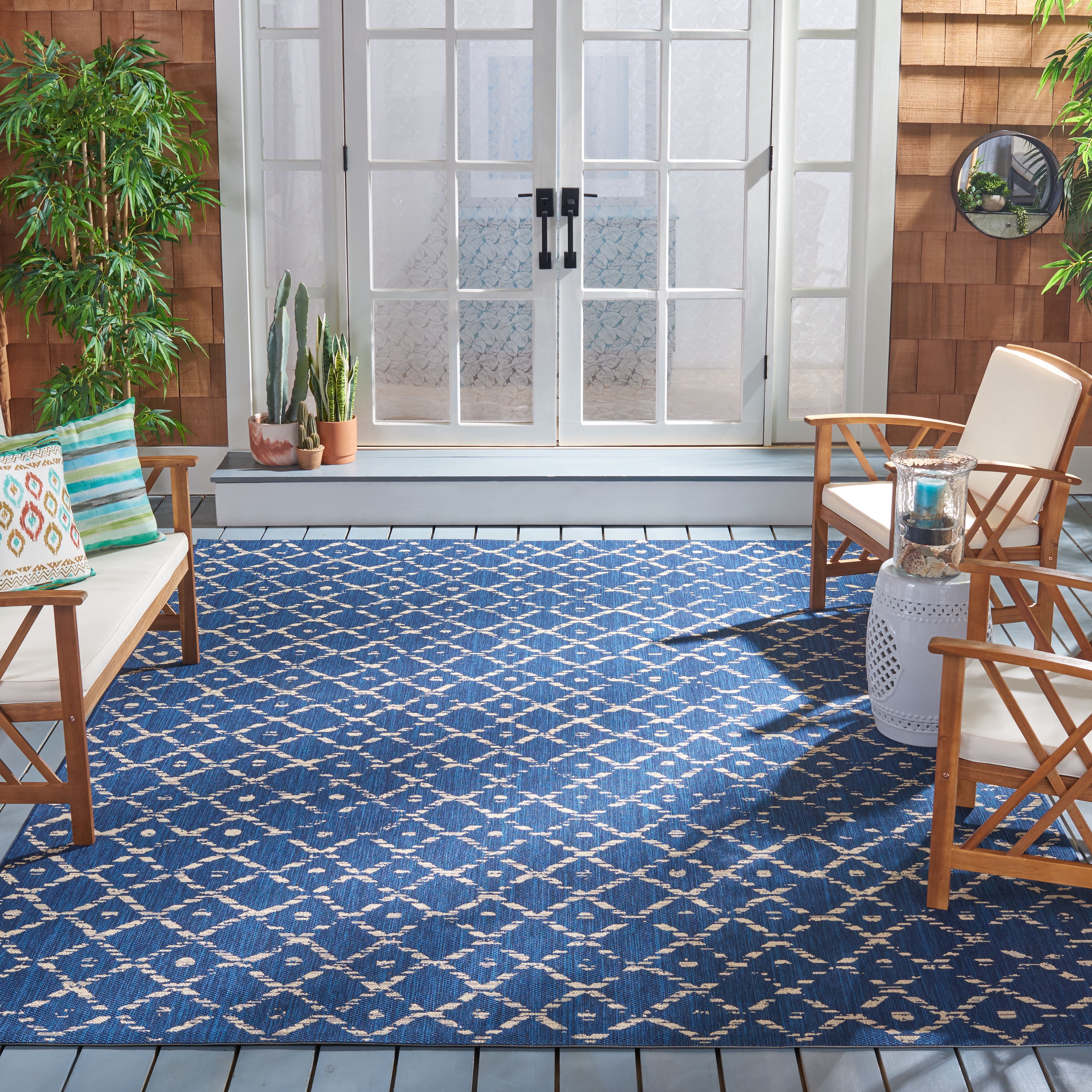 SAFAVIEH Courtyard Galena Geometric Indoor/Outdoor Area Rug, Navy/Ivory, 6'7" x 6'7" Square