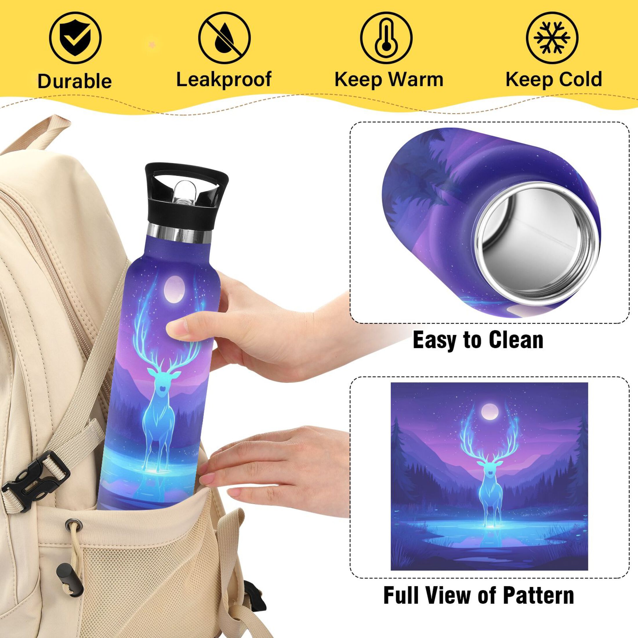 600ML Stainless Steel Insulated Cup Sports Water Bottle Portable Thermos Cup Water Glasses Insulated Tumblers Convenient and Durable Cartoon Purple Elk