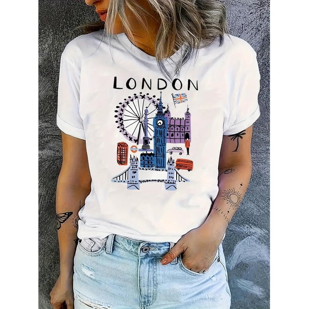 Minimalist Women's London Landmark Graphic Tee - Stylish Casual Short Sleeve T-Shirt with Ferris Wheel & Big Ben Design, Comfortable Summer Top for Casual Attire, Comfortable Fashion | Minimalist Gra