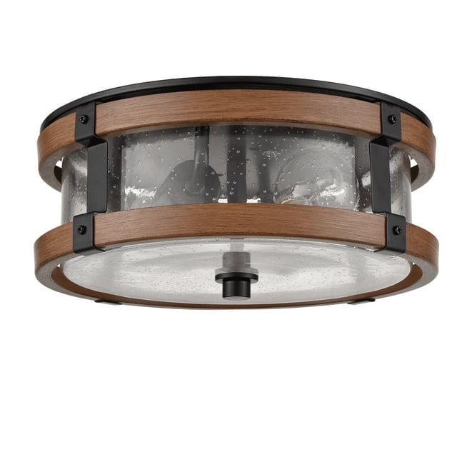 Piacenza Farmhouse Clear Seeded Glass Ceiling Light Fixture Black+Rustic Wood Grain Finish