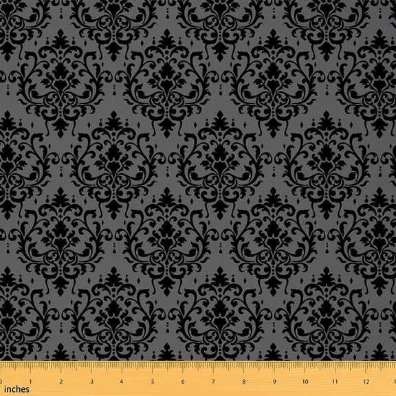 Castle Fairy Black Damask Fabric by the Yard 1 Yard, Gray Bohemian Room Decor Fabric by the Yard, Baroque Floral Fabric for Sewing, Super Cozy Room Decor