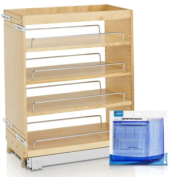 Rev A Shelf Pull Out Cabinet Organizer 448-BC-8C, 8-Inch Wood Base Kitchen Dish Organizer for Cabinet with 3 Adjustable Shelves for Storage and Organizing, Wholesalehome Installation Kit Included