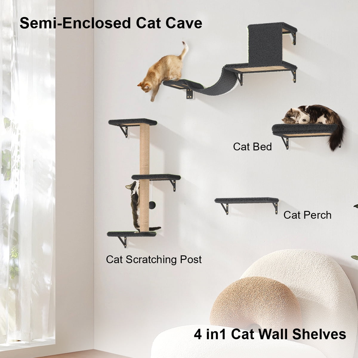FUKUMARU Cat Wall Shelves Set, 4 in 1 Wooden Climbing Wall Furniture, Grey