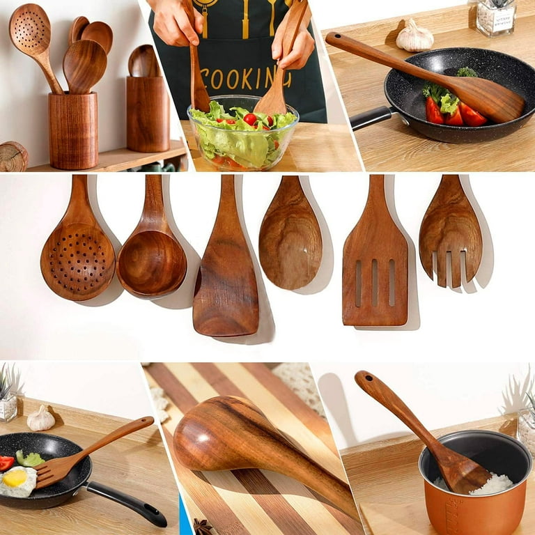 Wooden Utensils Set of 6 Large Kitchen Cooking Utensil for Non Stick  Cookware Natural Teak Wood Spoons Spatula Ladle Colander