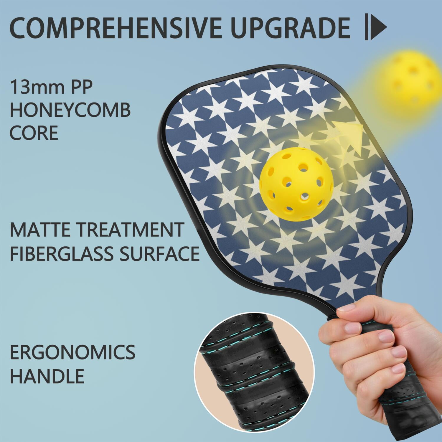 Pickleball Paddles Set Of 1, Fiberglass Surface, USA, Star Print, 1 Paddle, 2 Balls & Bag