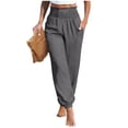 thumbnail image 2 of Crunowin Women’s Summer Linen Straight-Leg Trousers, Elastic Waist with Side Pockets and Soft Ankle-Length Summer Pants Gray M, 2 of 7