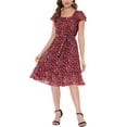 thumbnail image 3 of INSPIRE CHIC Women's Floral Print Elastic Waist Square Neck Ruffled Hem Belted Midi Dress Burgundy XL, 3 of 6