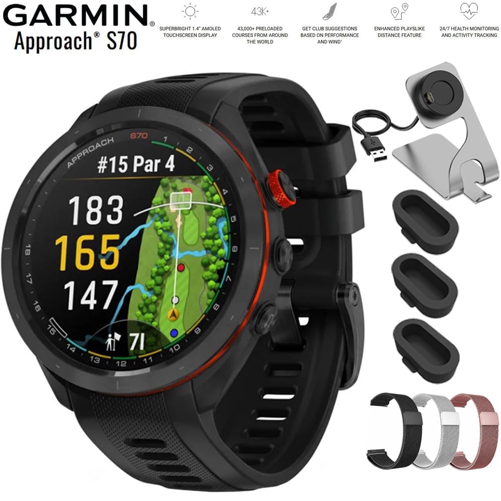 Garmin Approach S70 42 mm Premium GPS Golf Watch Black Band 010-02746-02 Bundle with Deco Essentials 20mm Milanese Band 3 Pack, Charging Dock and Silicone Dust Cover 3 Pack