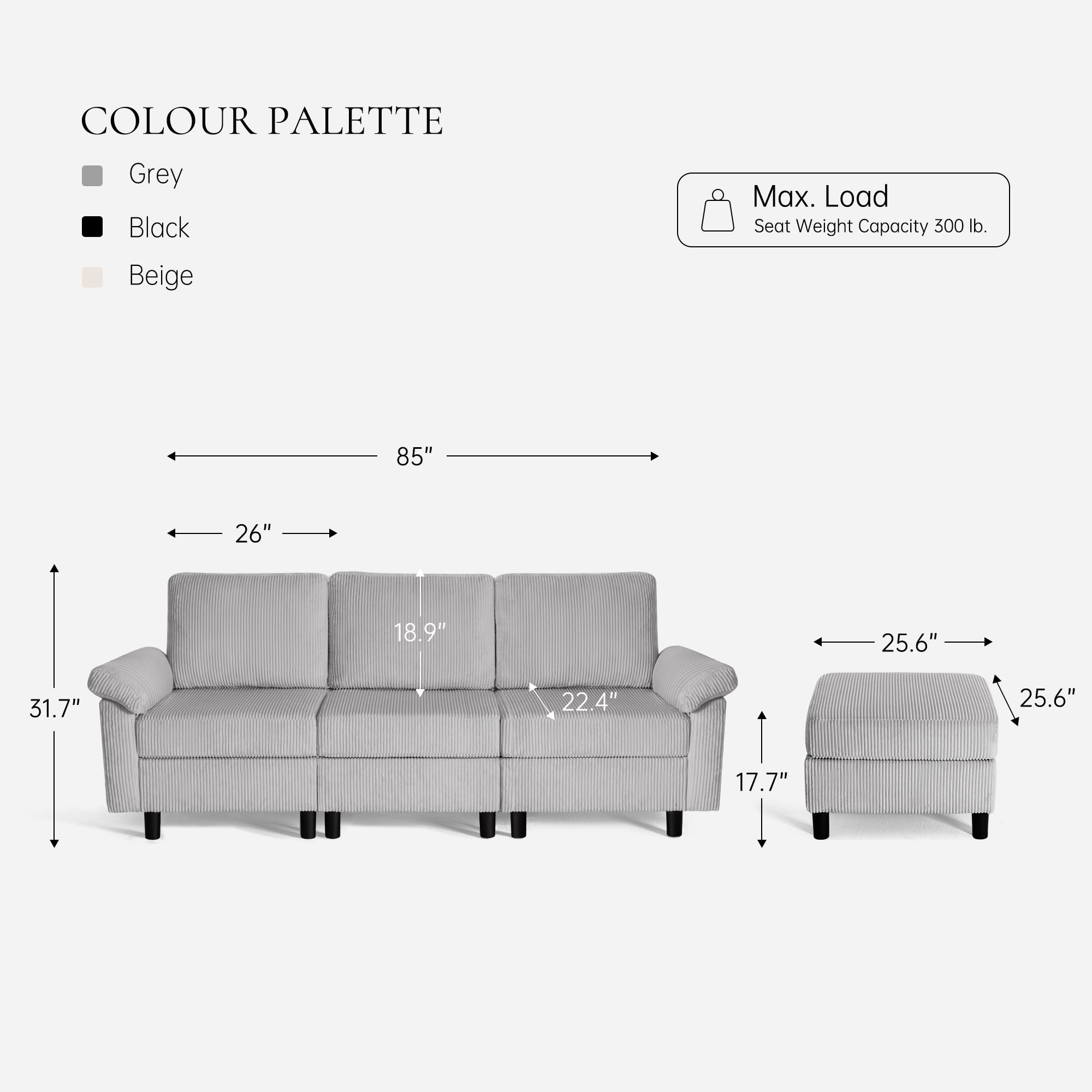 SAETSFEG Sectional Sofa, L-Shape 3-Seat Couch with Movable Ottoman, Modern Storage Modular Sofa for Living Room,Lightgrey