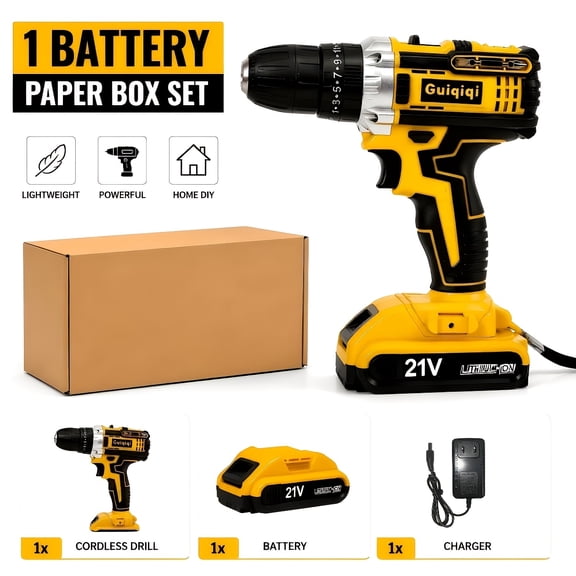 Guiqiqi 21V Brushed Cordless Drill Driver Kit, 1 Battery Paper Box Package