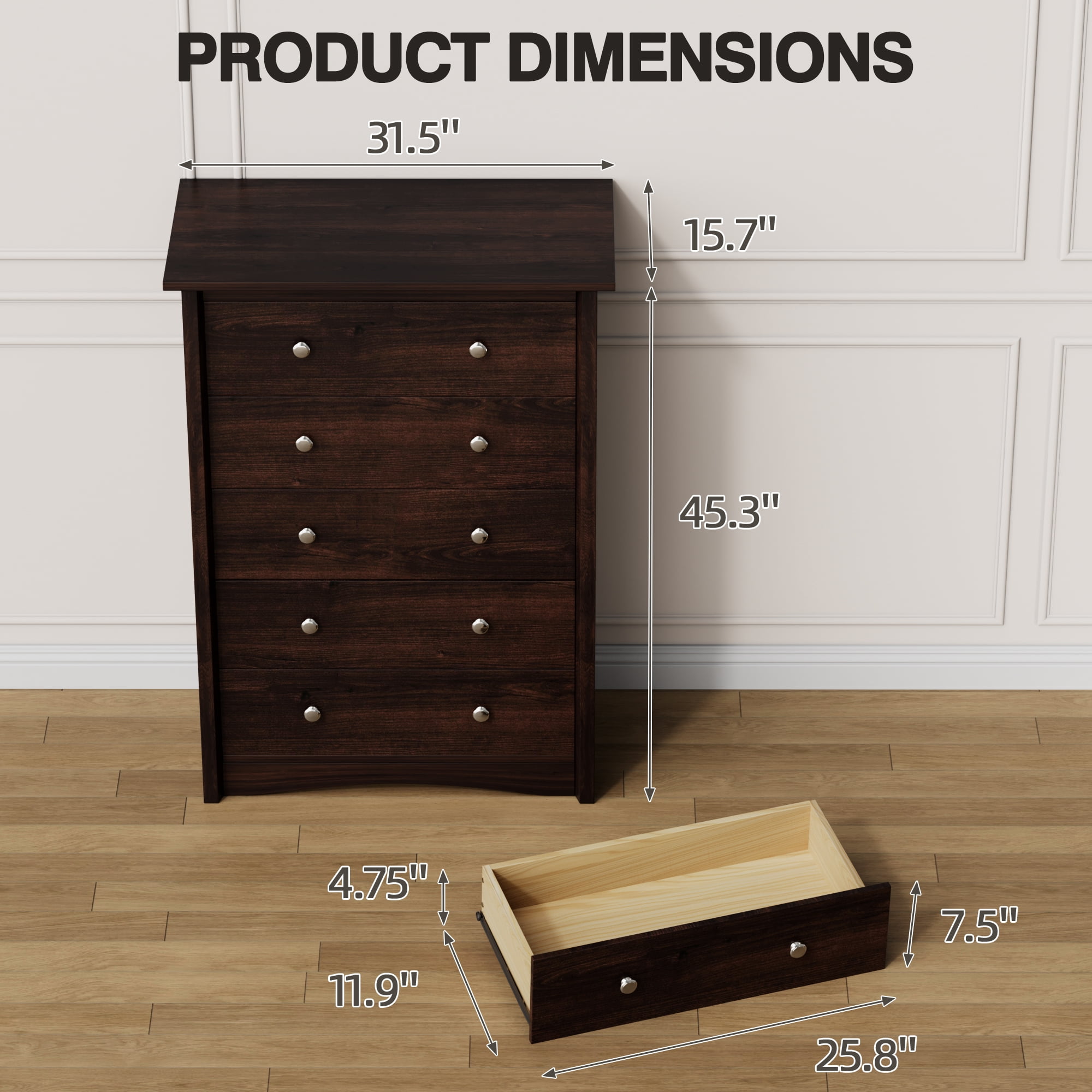 Lacoo 47'' Tall 5 Drawers Wooden Dresser for Bedroom, Modern Storage Chest of Drawers, Brown