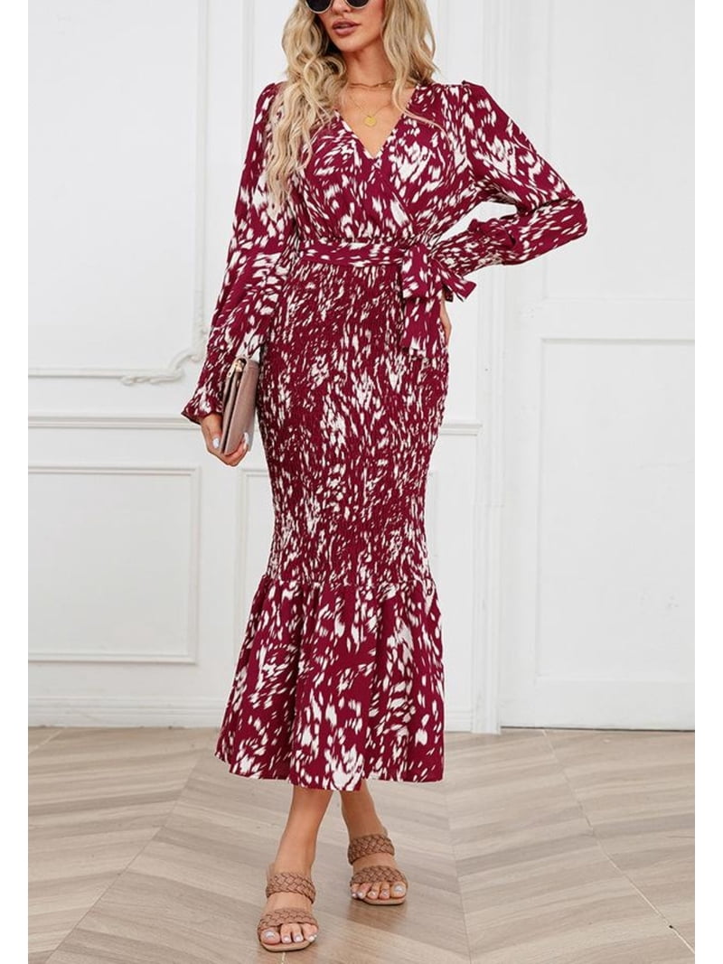 Abstract Print Shirred Bodycon Dress, Burgundy, Large - Walmart.com