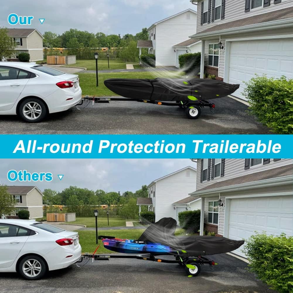 Seapisode 10ft Kayak Cover, 600D Tear Resistant Trailerable Kayak Covers for Outdoor Storage, Waterproof & UV-Proof Heavy Duty Canoe Cover for Indoor/Outdoor Storage(Black)