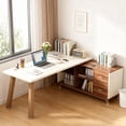 thumbnail image 6 of KIOOTTO 79 Inch L-Shaped Executive Desk with 55" Storage Cabinet Set, Modern L-Desk with 2 Drawers & 4 Shelves, Large Corner Computer Desk for Home Office, Walnut & White, 6 of 7