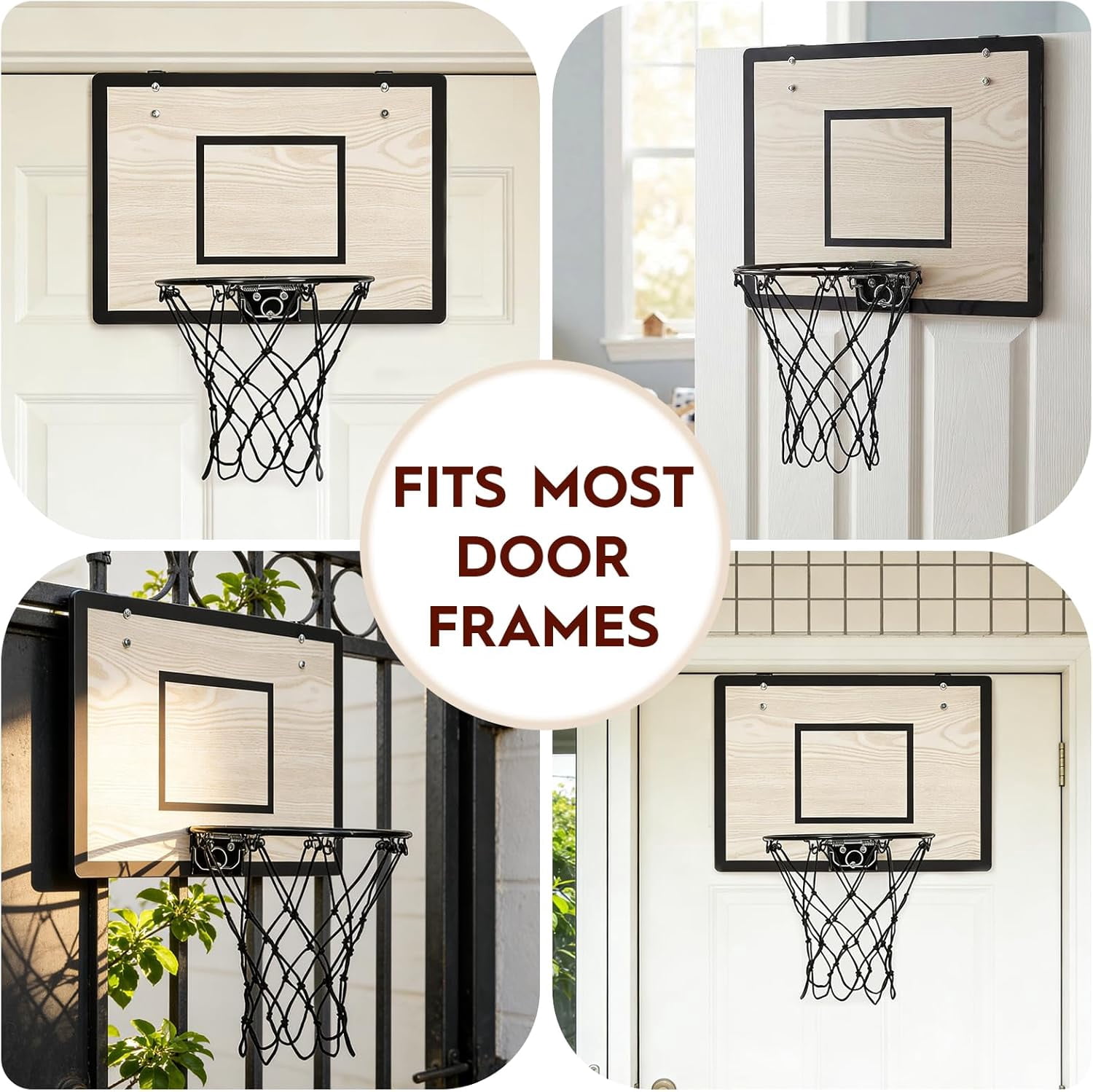 Indoor Mini Basketball Hoop Set for Kids Teens Adults, Wooden Over-The-Door Hoop with 4 Balls and Air Pump