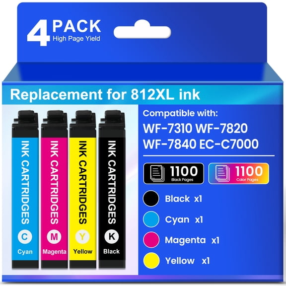 812XL Ink Cartridge Compatible for Epson 812 T812 T812xl WF7840 WF7820 Use with Epson WorkForce Pro WF-7310 WF-7820 WF-7840 EC-C7000 Printers (Black Cyan Magenta Yellow, 4-Pack)