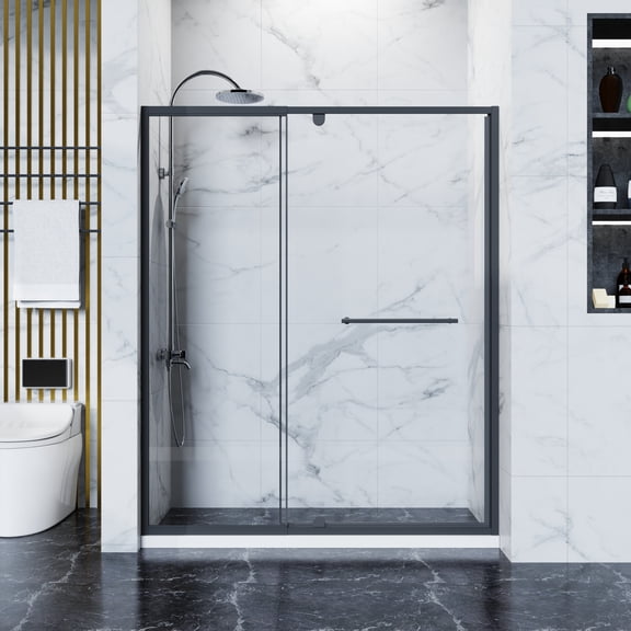 56-60"W x 72"H Pivot Shower Door, 1/4"(6mm) Glass, Black, Reversible