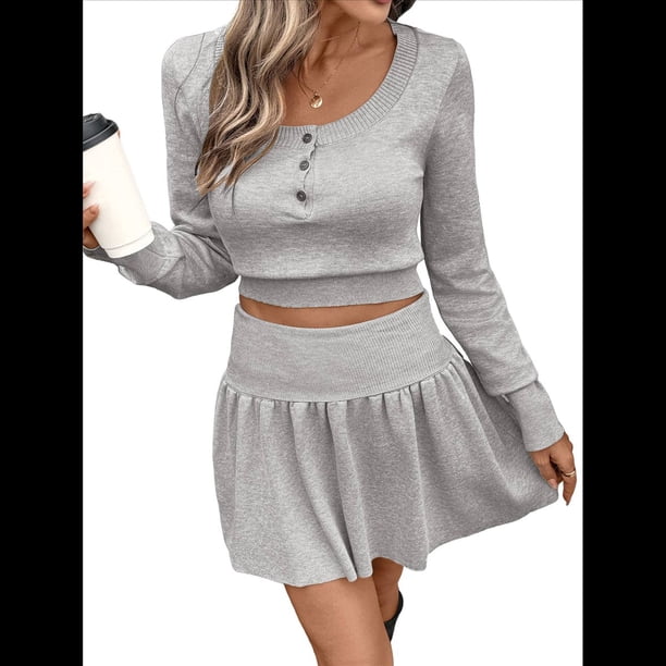 Camiseta Corta de Larga para Mujer, Top de Cintura Alta, Falda Corta de Punto, Traje de 2 Piezas Y2k, Ropa de Calle. Gris S