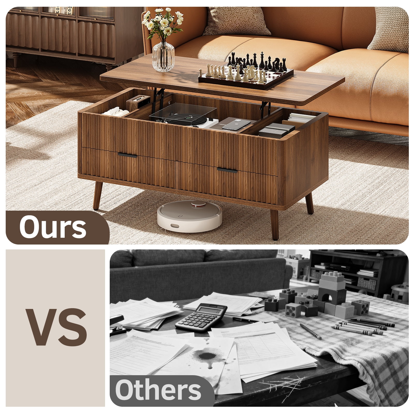 CURLA Lift Top Coffee Table with Storage, Mid Century Modern Coffee Table with Drawers, Center Table for Living Room, Walnut