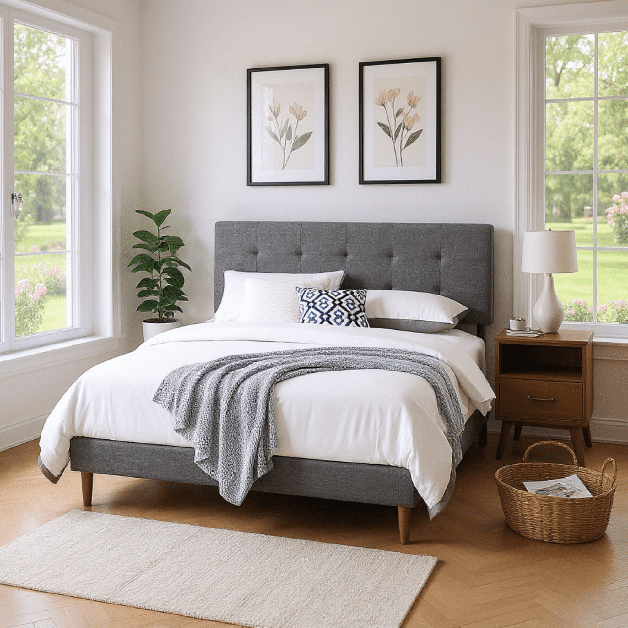 Gewnee King Size Upholstered Headboard Platform Bed Frame with Sturdy Wooden Strips for Support & Easy Installation,No Box Spring Required（Gray）