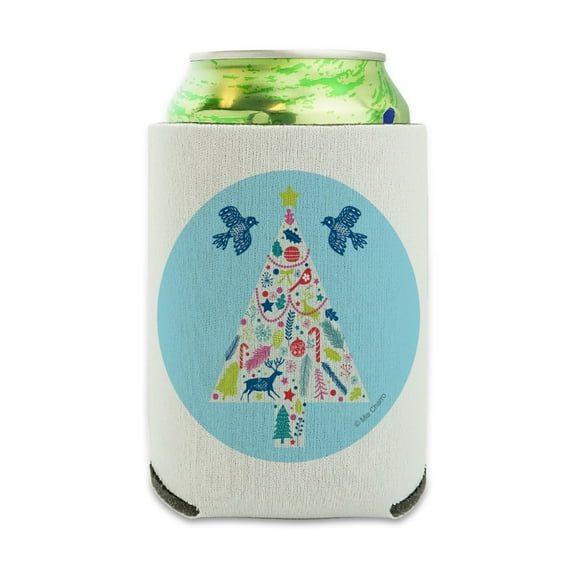 Folk Christmas Tree Can Cooler - Drink Sleeve Hugger Collapsible Insulator - Beverage Insulated Holder
