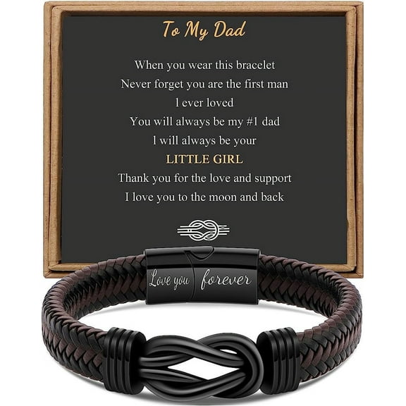 Men's Bracelet for Dad, Husband, Boyfriend, Son, Grandson, Brother, Nephew, Uncle, Brown Braided Leather, Connected Forever, Stainless Steel Jewelry, 7.5|8.5|32 Inch