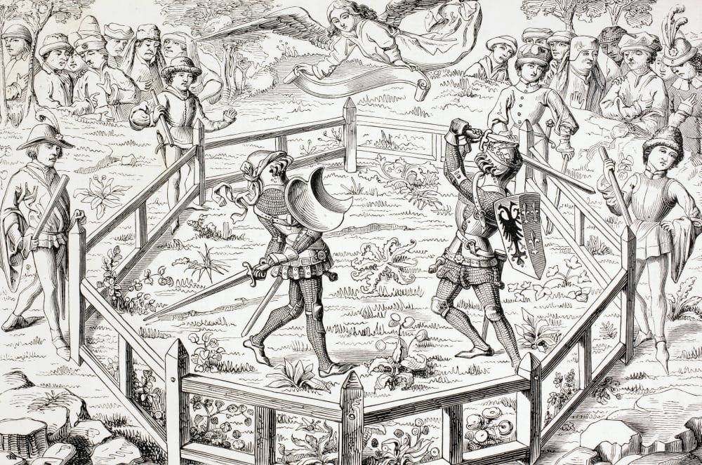 Two Knights Fight A Duel After A Miniature In A 15Th Century Manuscript The Conquetes De Charlemagne From Military And Religious Life In The Middle Ages By Paul Lacroix Published London Circa 1880 Can
