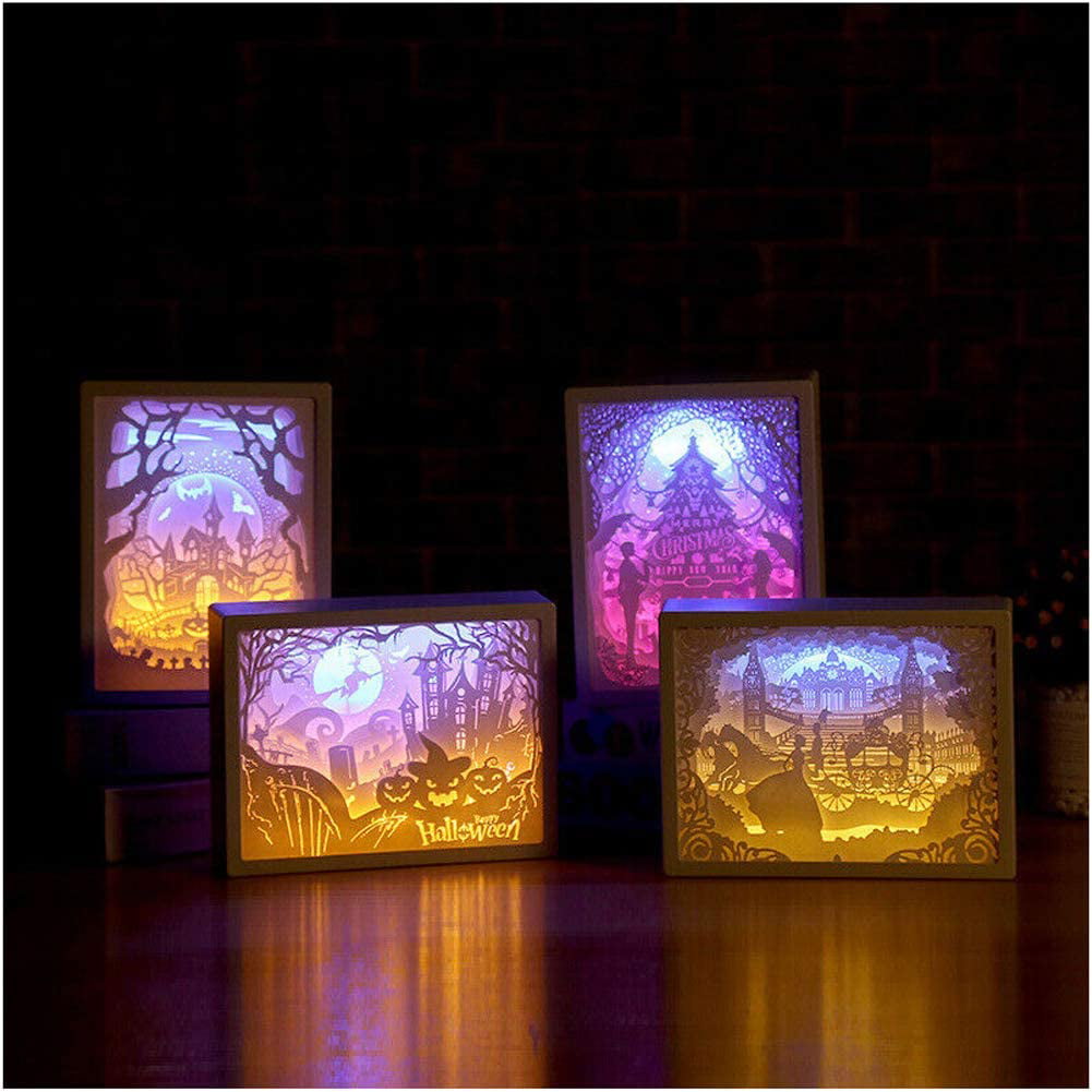 Alexsix Art Decoration 3D Paper Carving Light Lamp Stereo Creative Paper-Cut Light Box Shadow Light Warm Romantic Atmosphere Halloween Christmas LED Gift for Home Bedroom Bedside 