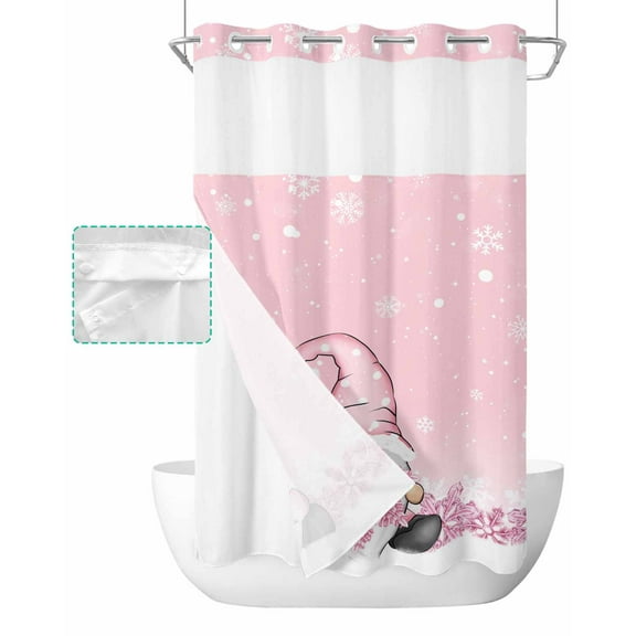 No Hook Shower Curtain with Snap in Liner, Pink Christmas Dwarf Snowflake Hotel Shower Curtains for Bathroom, Washable Shower Curtain Liner Set with Mesh Top Window, 36"x72"