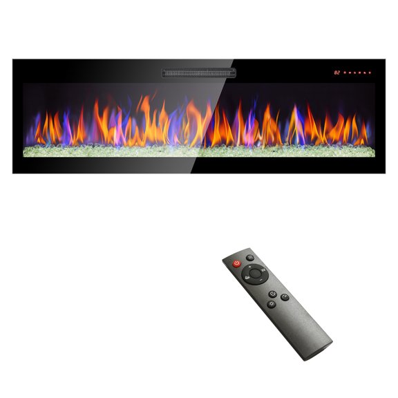 60" Recessed and Wall Mounted Electric Fireplace,LED Super-thin Tempered Glass Wall Mounted Fireplace With Remote Control and 9h Timer,Adjustable Flame Color and Speed