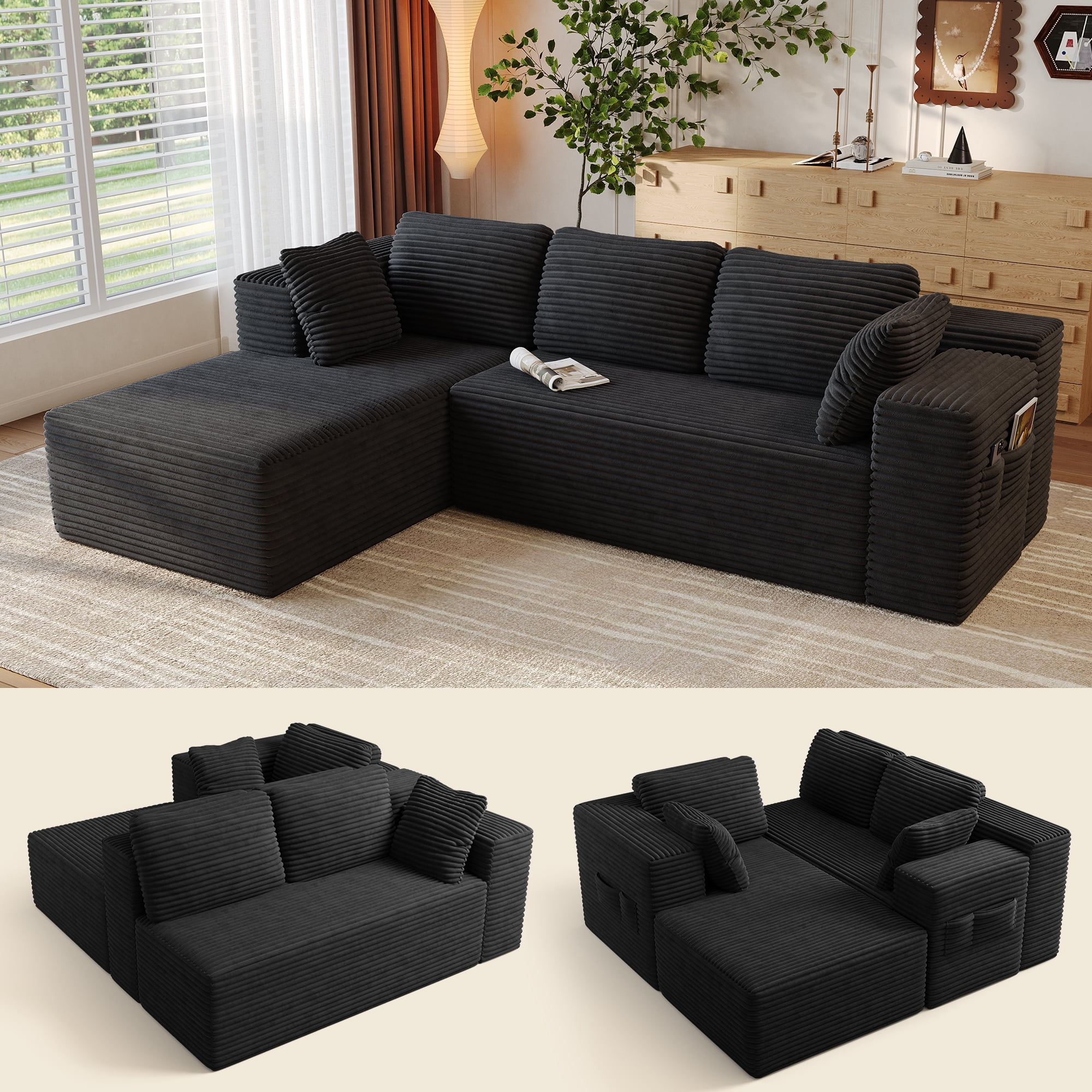 Sofa, Lofka 105" Free Assembly L-Shaped Sectional with Pet Friendly Corduroy Fabric, Black for Living Room/Apartment