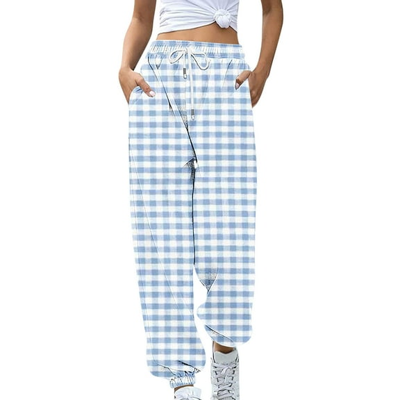 IROINNID Rollbacks Women's Sweatpants Casual Jogger Printing Pocket Elastic Waist Trousers Plaid Straight Pants Sweatpants,Light Blue