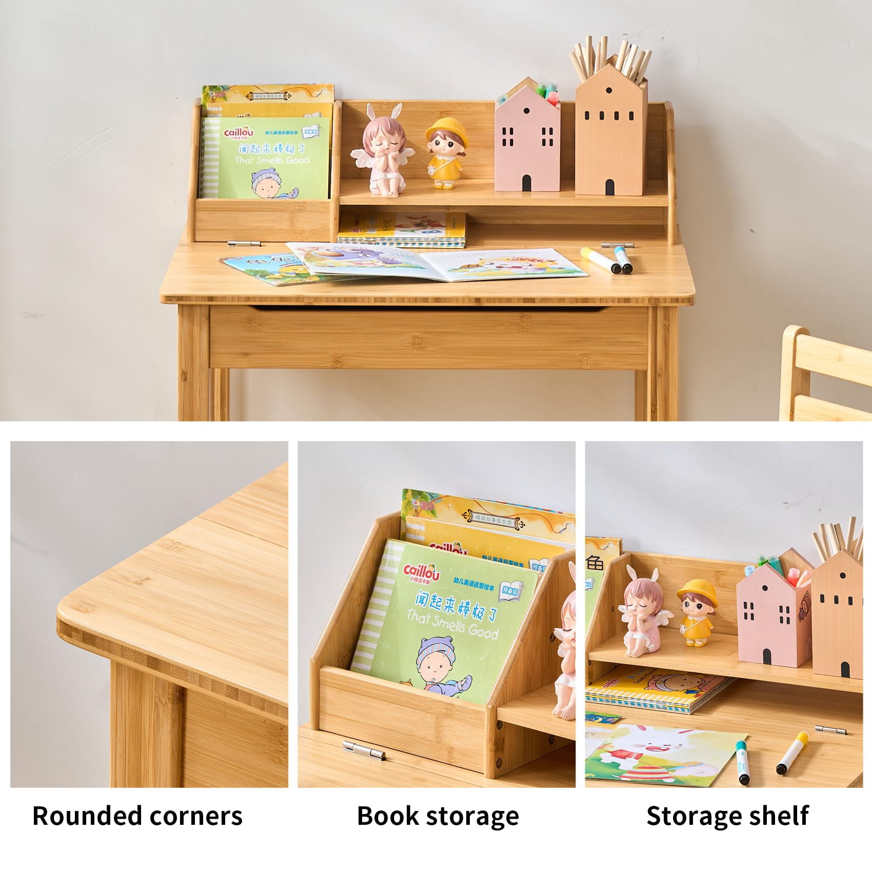 UNICOO® Bamboo Kids Desk and Chair Set, Lift-Top Desk & Chair Set for 3-8 Years Old, Children Writing Desk with Storage and Hutch for Home School Use (C007 - Nature)