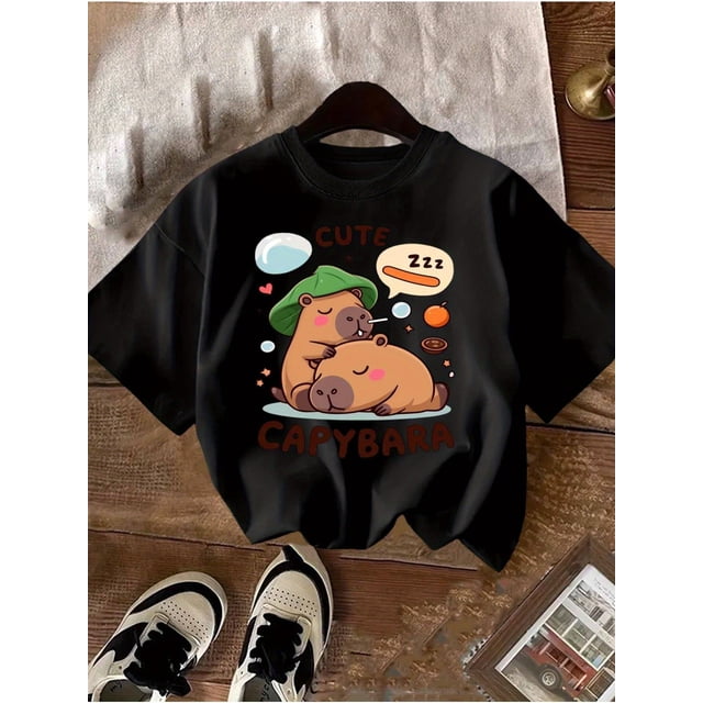 Cute Capybara Cartoon Graphic T-Shirt, Black Knit Fabric Crew Neck Short Sleeve Tee, Regular Fit Casual Summer Top for Girls and Boys, Capybara Accessories